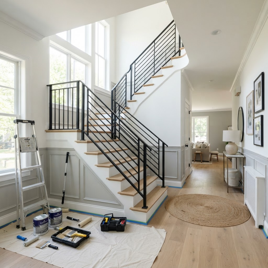 Professional house painters in Sydney - modern residential interior staircase with fresh white paint and professional finish