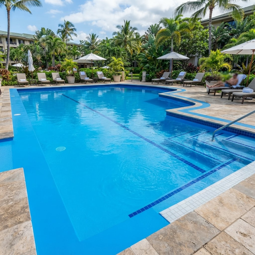 Swimming pool painting Sydney - freshly painted concrete pool with bright blue epoxy finish, professional pool painters work creating resort-style result with UV and chlorine resistant coating