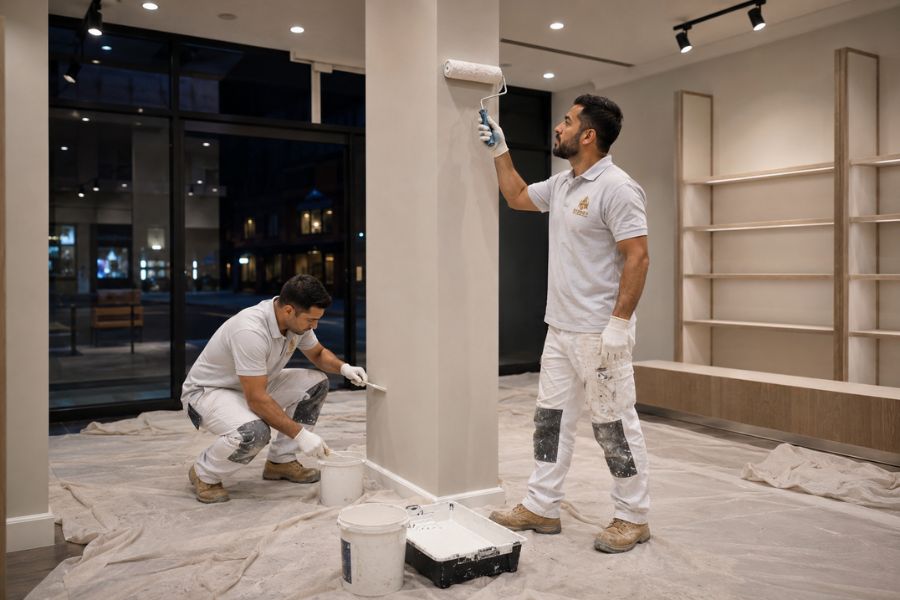 Painters working after hours in an empty Sydney retail space, lights on, drop sheets down