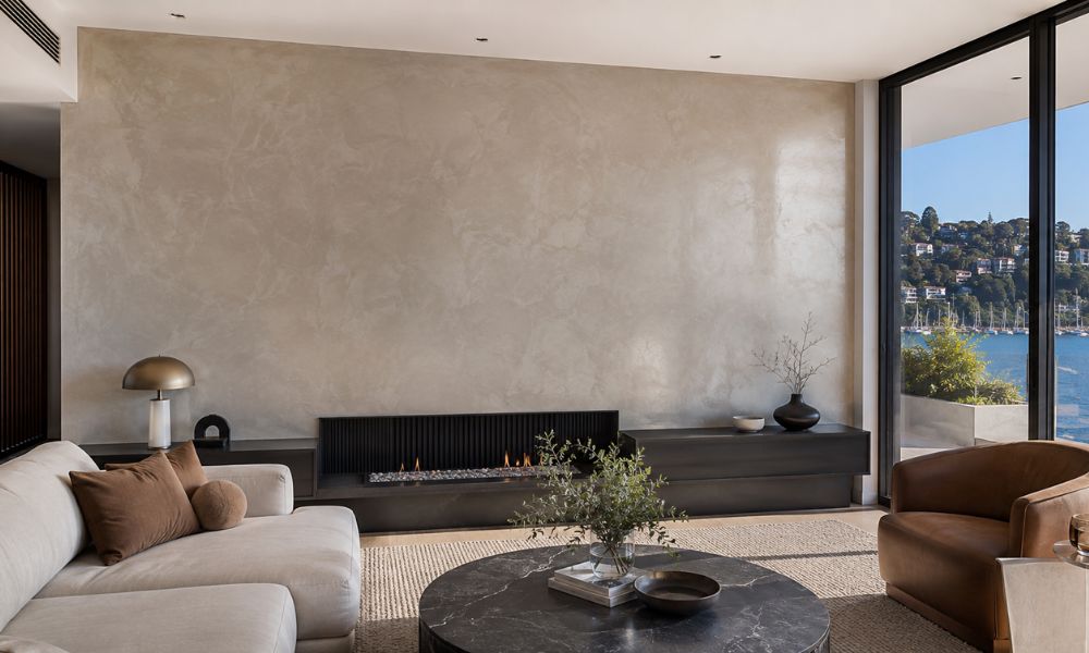 Polished Venetian plaster feature wall in a modern Sydney living room