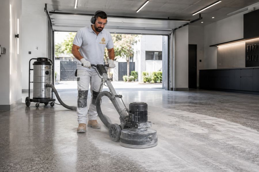 Concrete floor being mechanically ground and prepared for epoxy coating