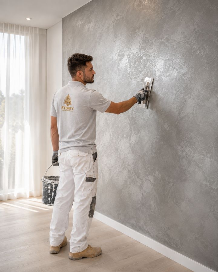 Sydney living room feature wall with a decorative limewash or textured finish