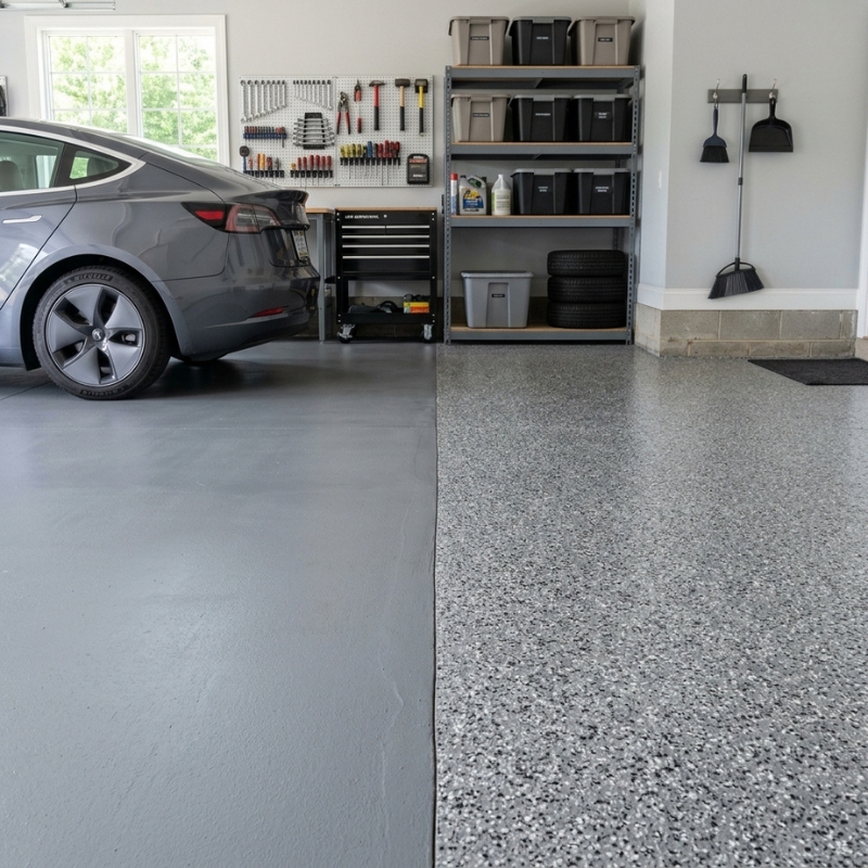 Epoxy flooring and painted concrete garage floor comparison in a modern garage.