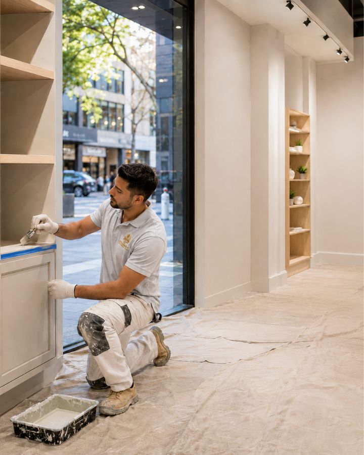 Freshly painted Sydney retail store interior during a fit-out, clean walls and shopfront