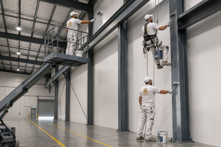 Painters using elevated work platform and rope access to coat high warehouse steel and walls