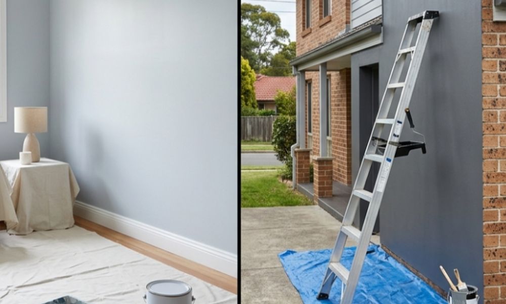 Interior and exterior house painting surfaces with tools and materials showing cost comparison factors