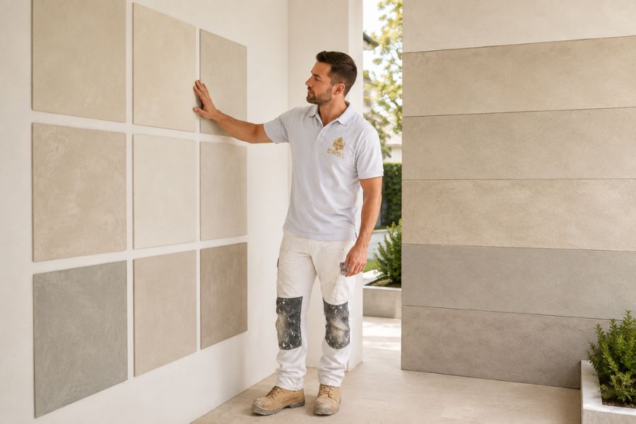 Interior and exterior limewash finish samples in warm neutral tones