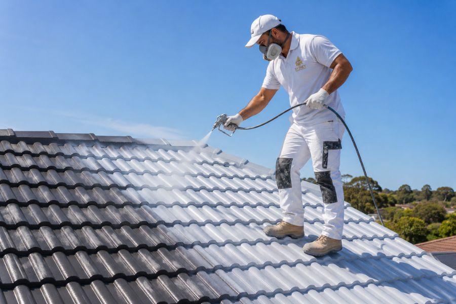 Roof being pressure cleaned and coated by painters at height in Sydney