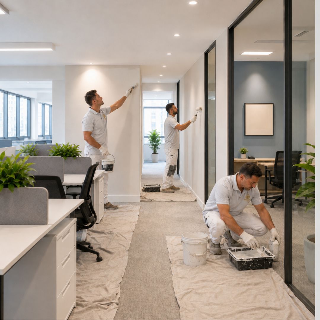 Office painting services Sydney - modern office workspace with professional paint finish on walls creating a clean corporate environment with brand-aligned colors and minimal disruption