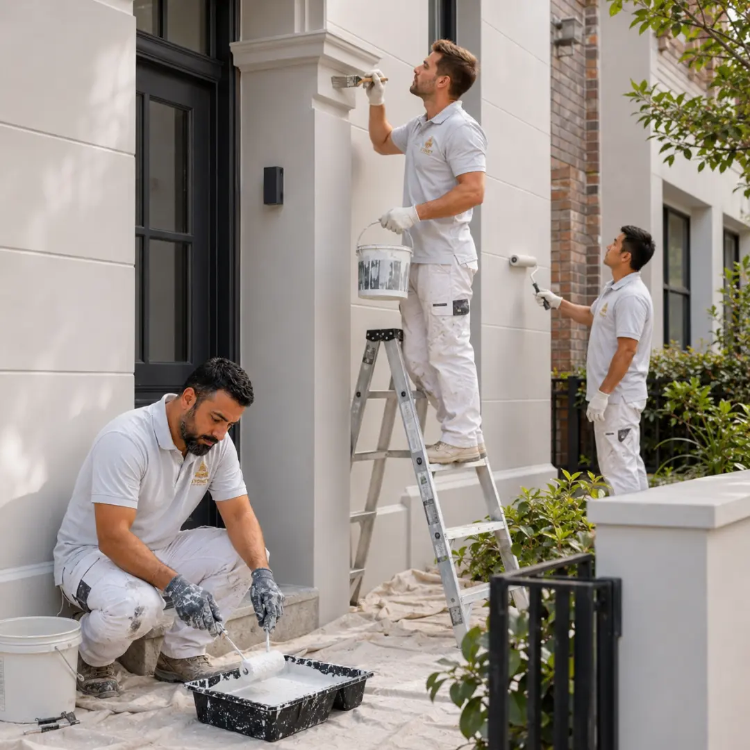 Painters repainting a converted warehouse exterior on a light industrial street in Alexandria