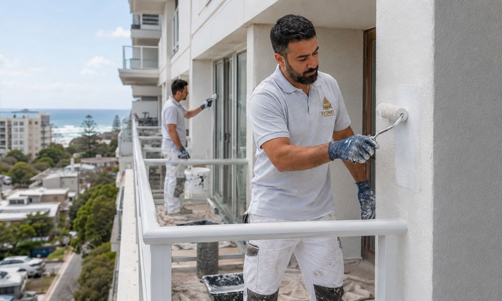 Painter coating balcony rails and render on a Bondi strata unit block