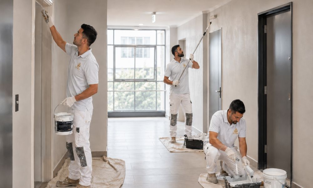 Painter rolling a freshly prepped hallway wall in an occupied apartment block near Burwood station