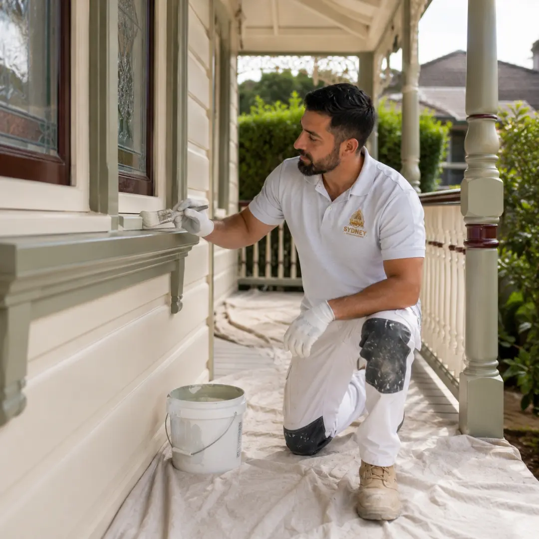 Painter cutting in heritage colour on the timber verandah of a Federation home in Burwood