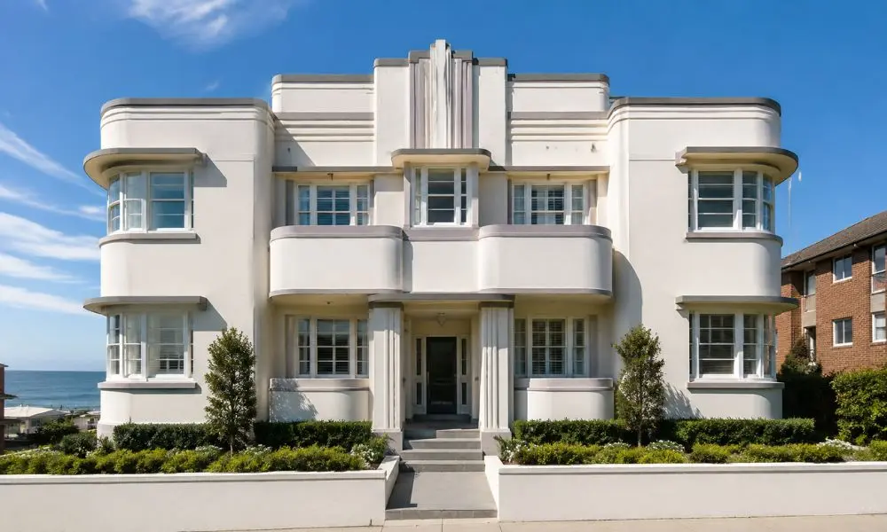 Freshly painted Art Deco apartment facade with restored render detail in Coogee