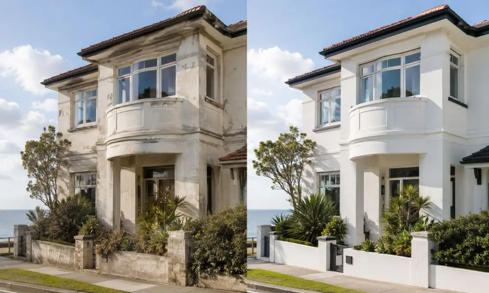 Before and after exterior repaint restoring a salt-weathered facade in Coogee