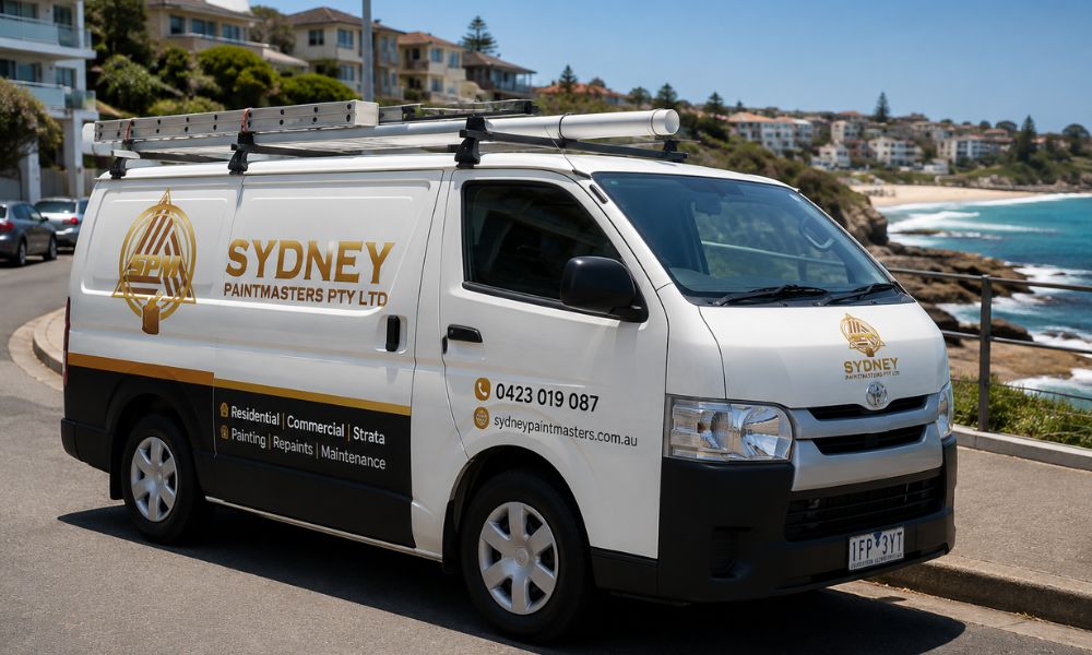 Sign-written Sydney Paintmasters work van parked on a Coogee street