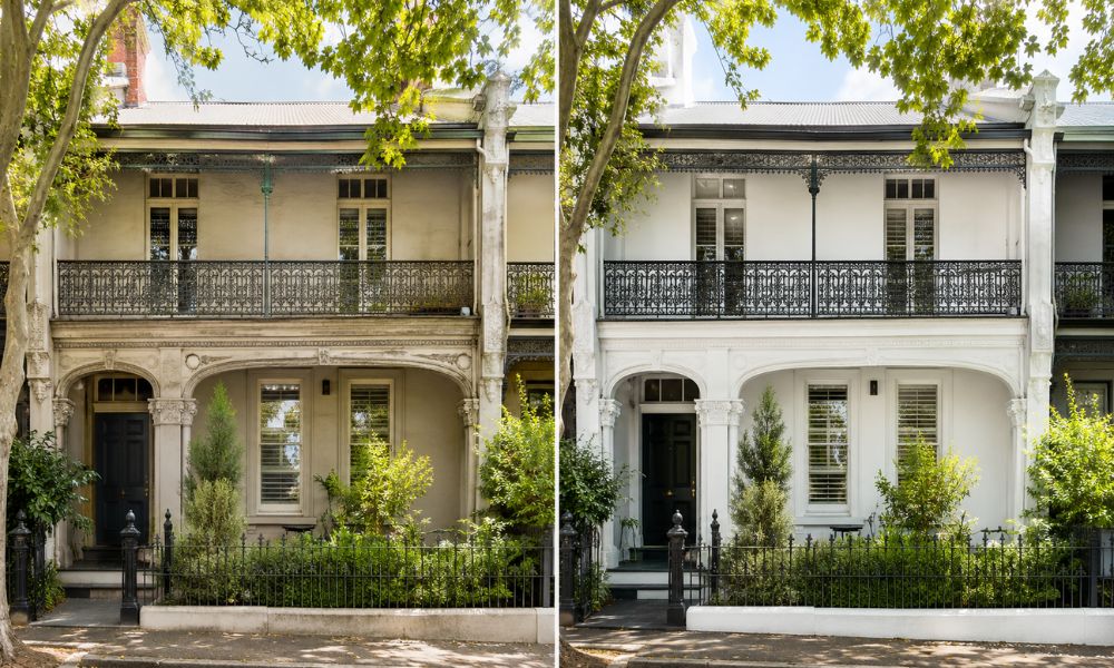 Before and after of a Victorian terrace exterior repaint on a leafy Cremorne street