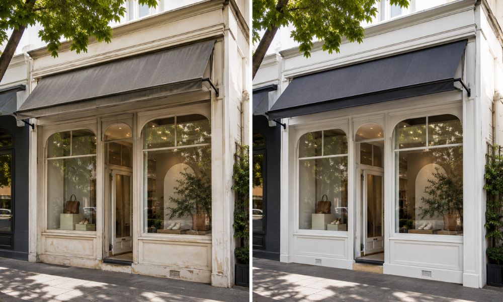 Freshly repainted boutique shopfront on a Double Bay retail strip after a two-coat exterior finish