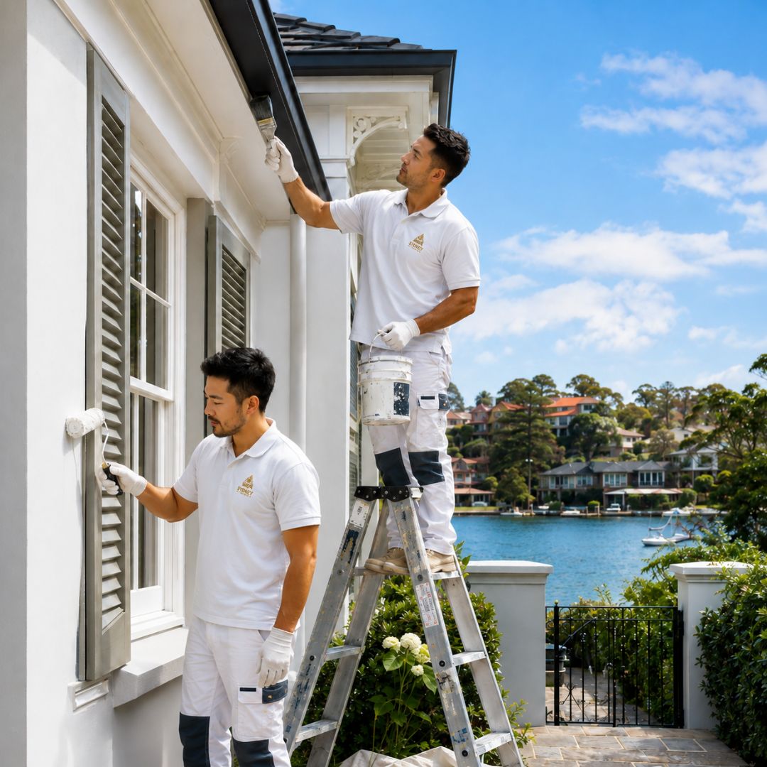 Painter cutting in fresh trim on a Federation home exterior in Hunters Hill
