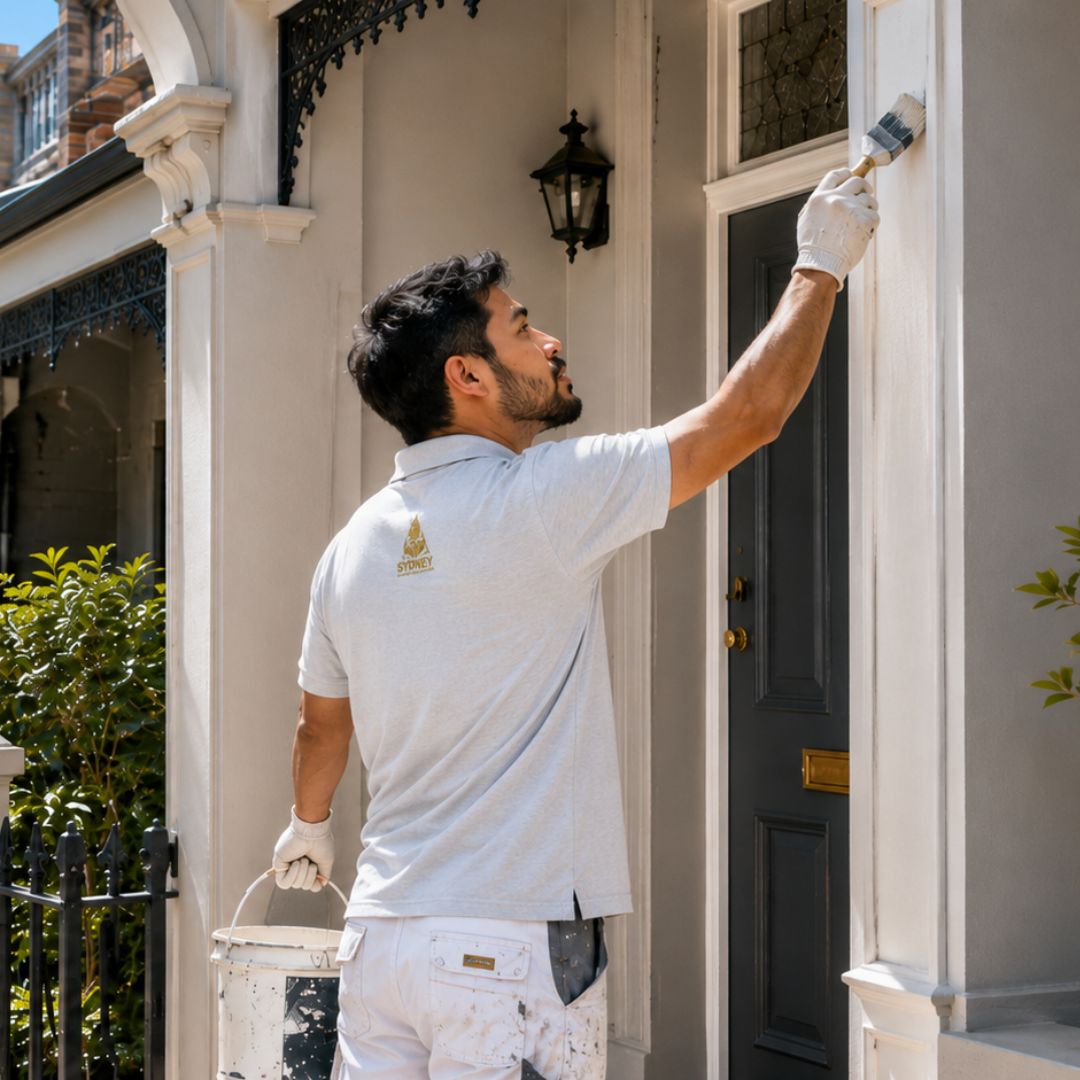 Painter cutting in the trim on a Victorian terrace facade in the Inner West of Sydney