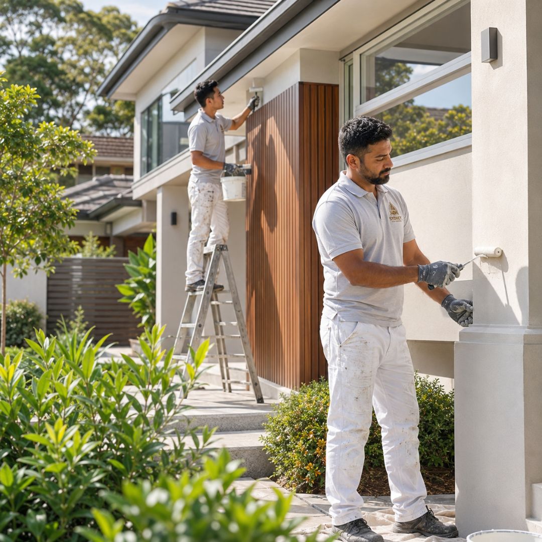Sydney Paintmasters painter rolling fresh exterior paint on a Lane Cove home facade