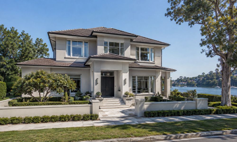 Freshly repainted rendered facade of a large Longueville waterfront family home