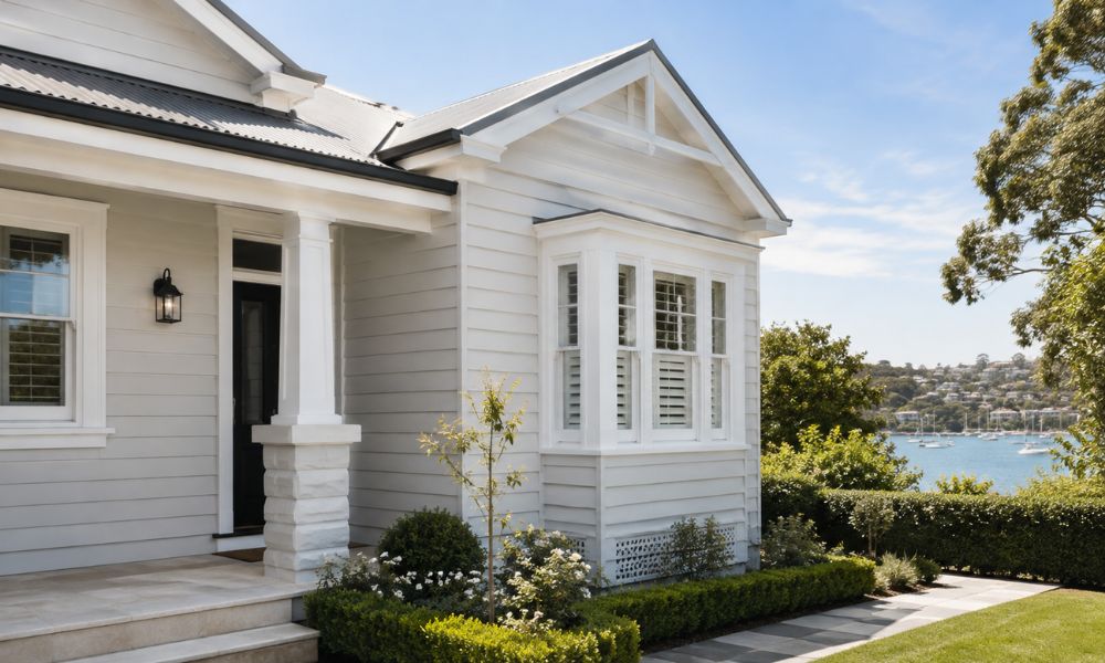 Weatherboard exterior recoated against harbour salt air near Balmoral in Mosman