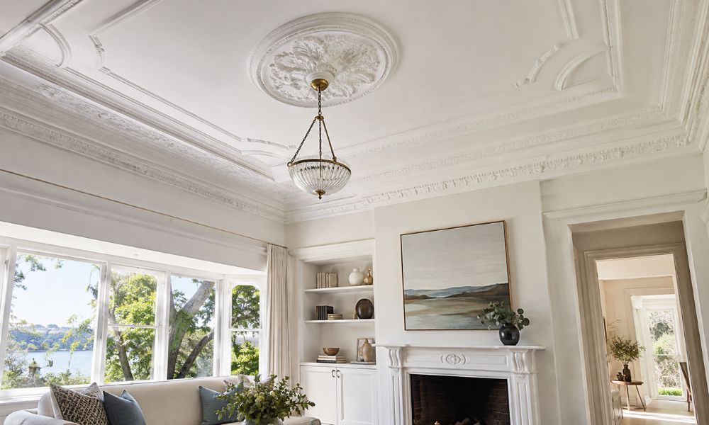 Restored ornate ceiling detail after interior repainting in a Mosman residence