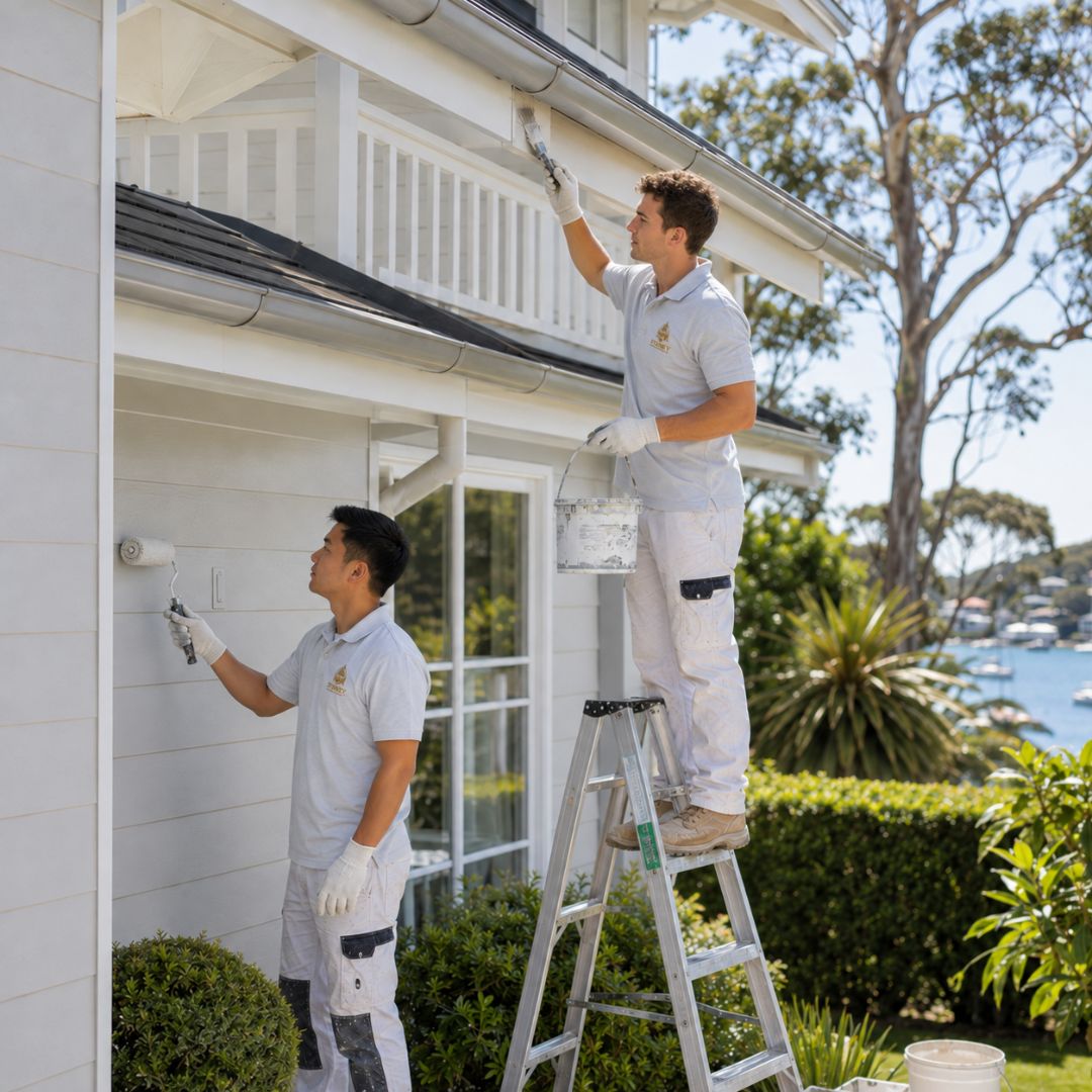 Sydney Paintmasters painter repainting a coastal weatherboard home exterior in Newport