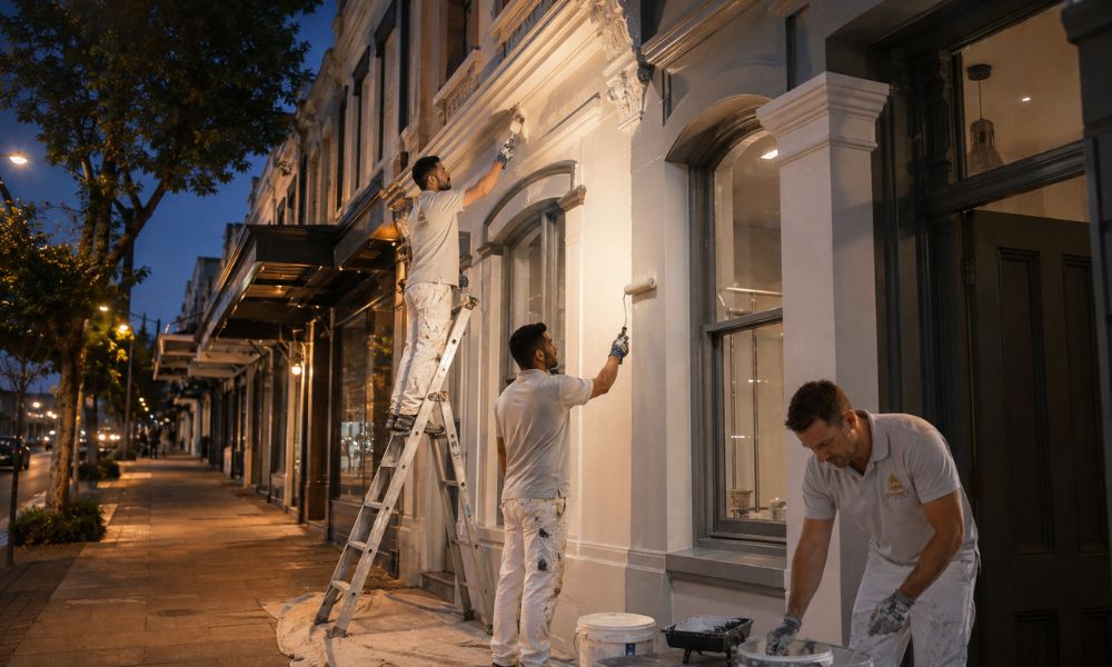 Freshly repainted shopfront and signage bulkhead on King Street in Newtown