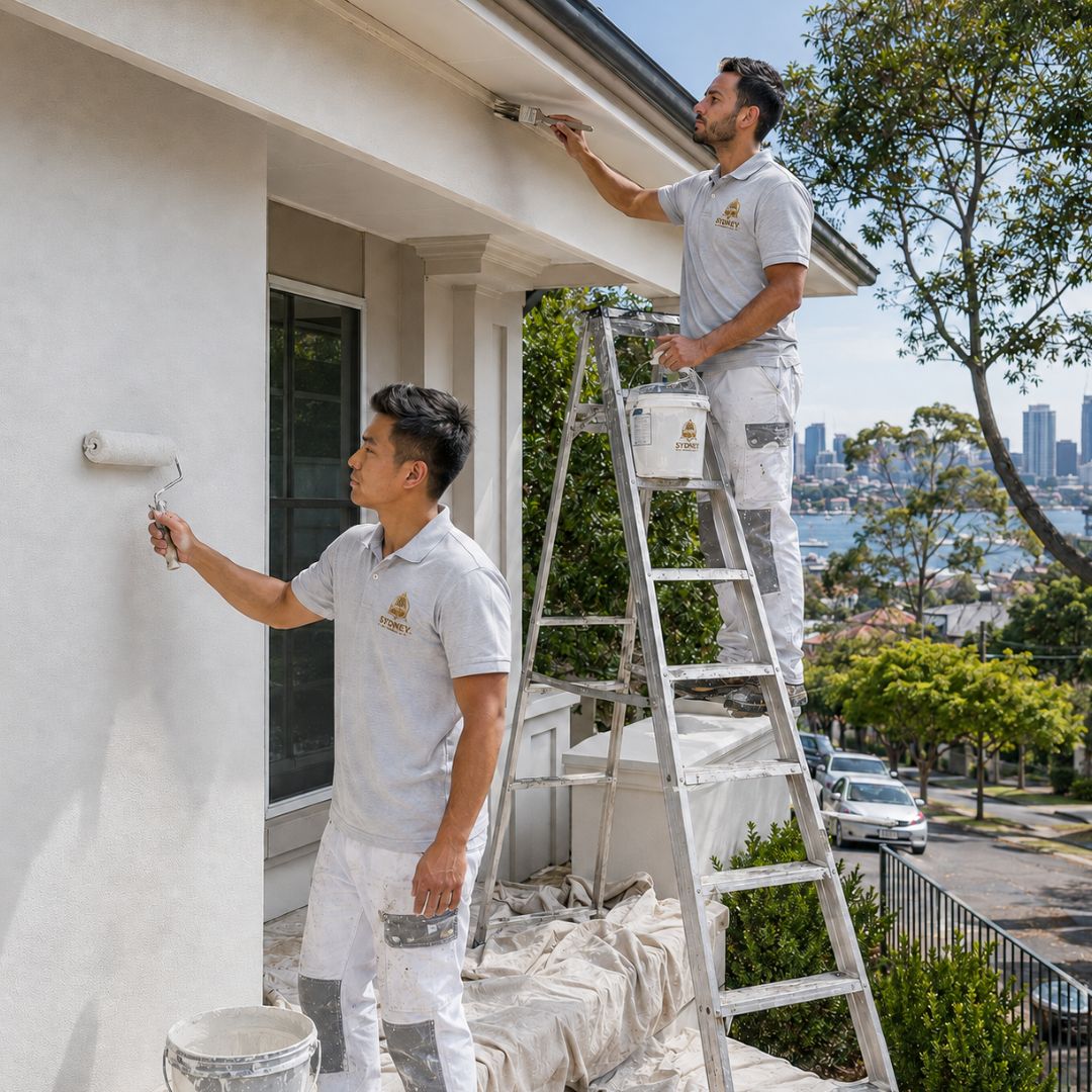 Sydney Paintmasters painter rolling a fresh exterior coat on a Federation home in North Sydney