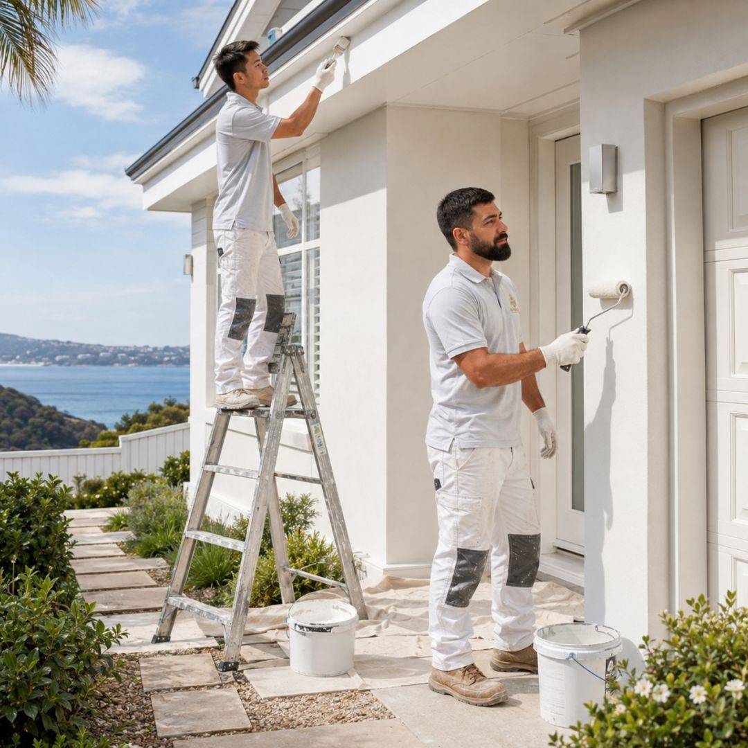 Sydney Paintmasters crew rolling a fresh exterior coat on a Northern Beaches coastal home