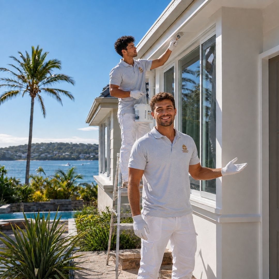 Painter rolling a fresh coastal exterior coat on a Palm Beach beach house above Pittwater