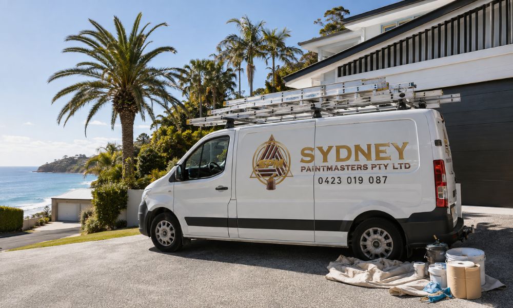 Sydney Paintmasters sign-written work van parked at a Palm Beach job site