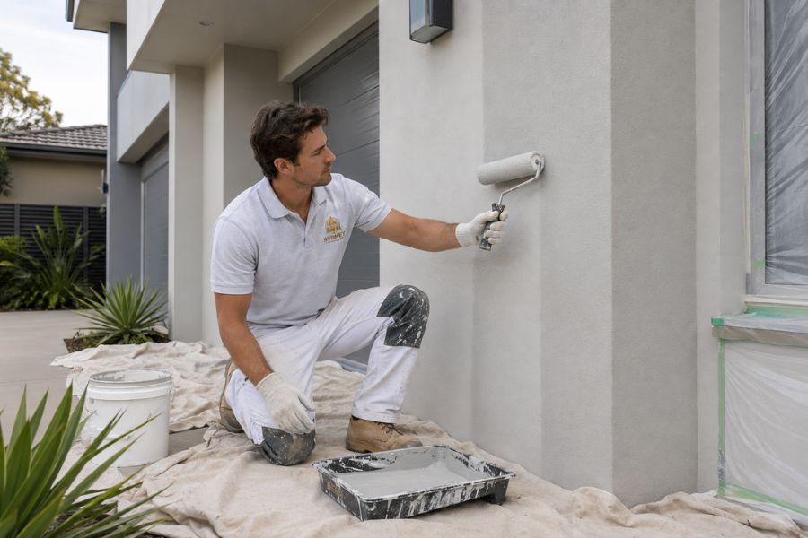 Painter preparing and coating a rendered exterior wall of a Sydney home
