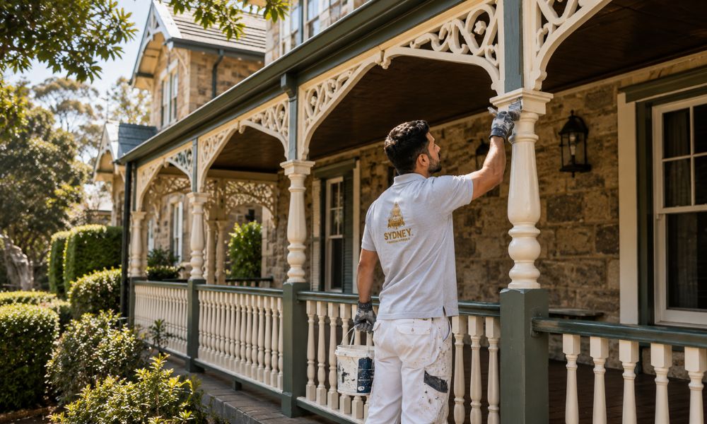 Restored and repainted timber verandah detail on a large heritage estate home in Pymble