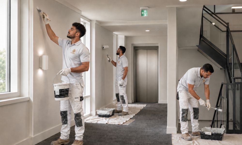 Repainted apartment block stairwell and common area in a Macquarie Park strata building