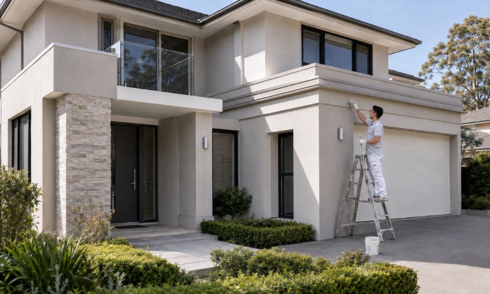 Modern two-storey home exterior repainted in a contemporary neutral scheme in St Ives