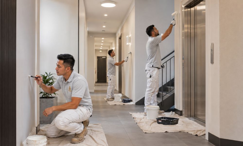 Repainted apartment foyer with fresh walls and restored trim in a Waterloo strata building