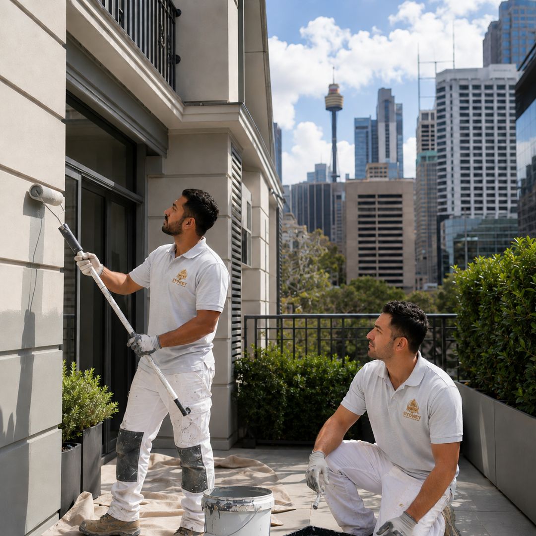Painter on a scaffold coating a heritage sandstone facade in the Sydney CBD