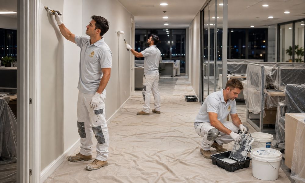 Painters coating office partition walls at night in a tenanted Sydney CBD floor
