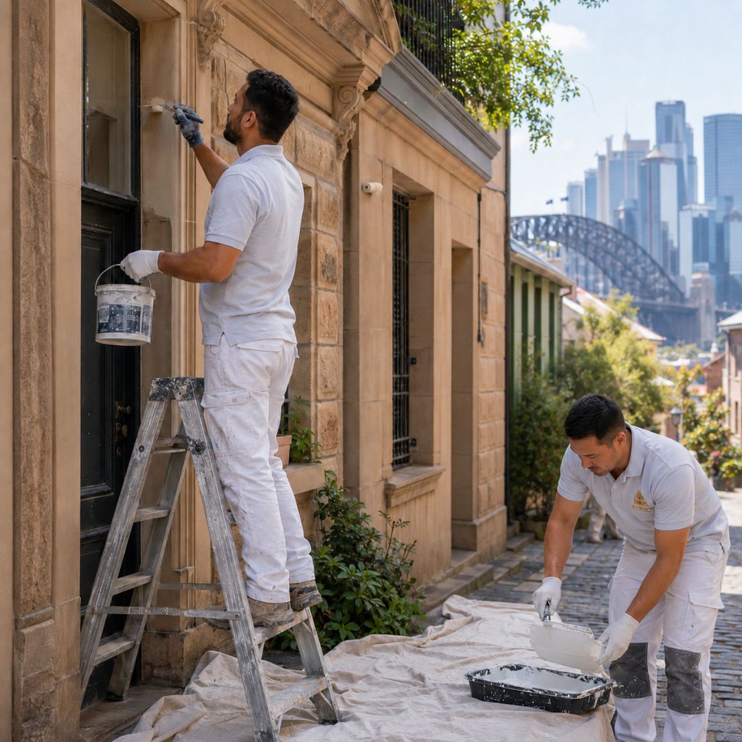 Painter finishing the timber joinery on a colonial sandstone terrace in The Rocks