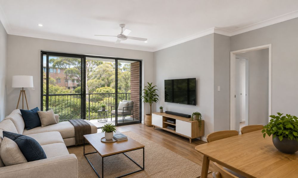 Interior repaint of an apartment living space with crisp cut-in edges in Waitara