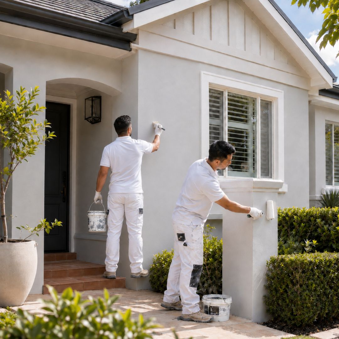 Sydney Paintmasters crew repainting a rendered two-storey home exterior on a leafy Lower North Shore street