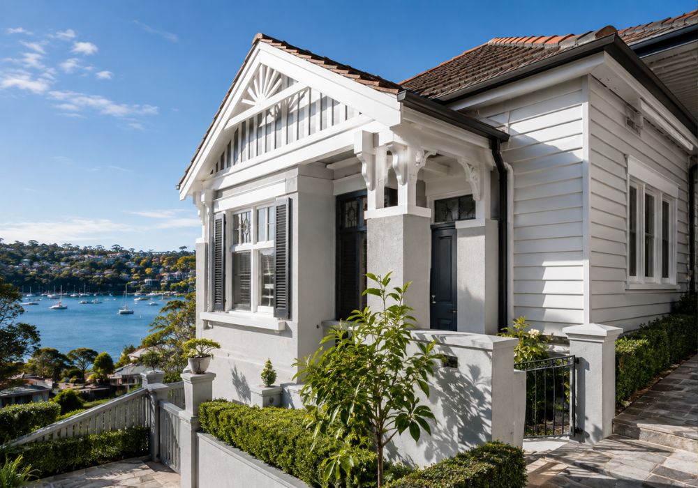Restored timber windows and rendered wall on a Woolwich waterfront home