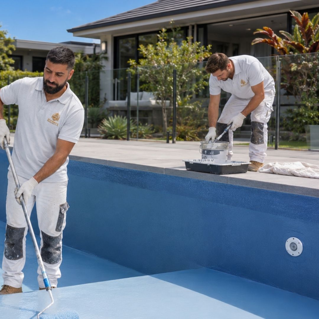 Swimming pool painting Sydney - freshly painted concrete pool with bright blue epoxy finish, professional pool painters work creating resort-style result with UV and chlorine resistant coating