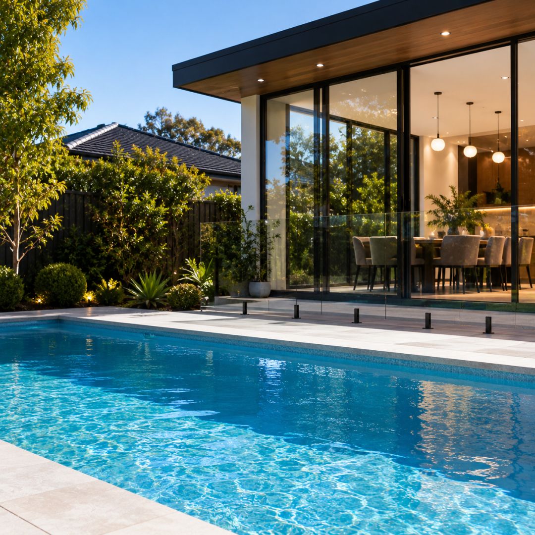 Freshly painted blue swimming pool in a Sydney backyard