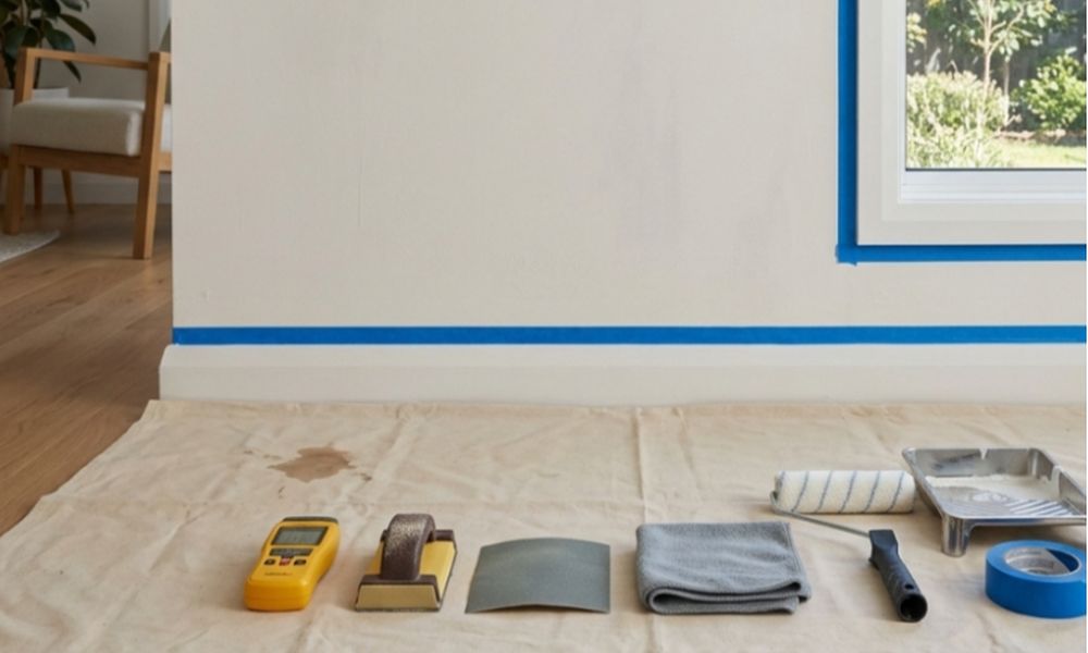 Interior wall preparation with sanding tools, protective sheets and painting equipment ready for a home renovation