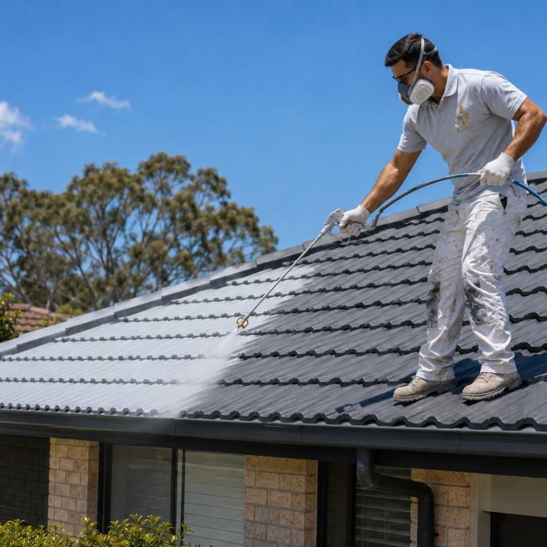 Freshly painted tile or Colorbond roof on a Sydney home from above