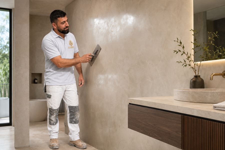 Venetian plaster used on a bathroom or entry wall in a Sydney home, smooth stone look